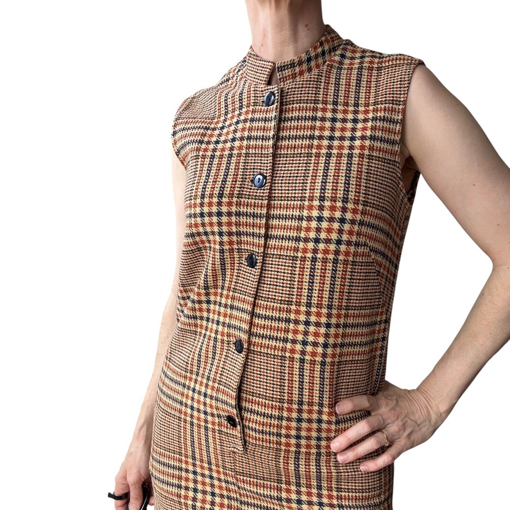 Vintage Queen Casuals Plaid Shift Dress Mock Neck Sleeveless Orange Navy 11